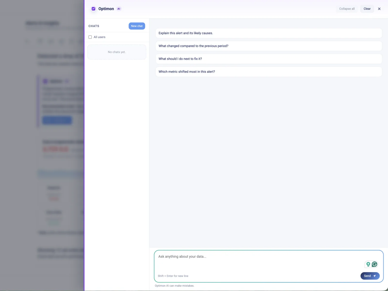 Optimon AI opening on a live alert, with suggested questions specific to that alert